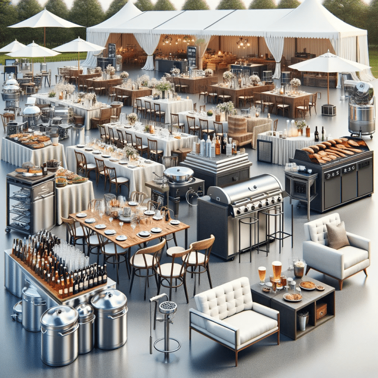 Montaje de catering al aire libre para un evento en Mallorca con mesas de comedor, estaciones de cocina y una sala de estar.